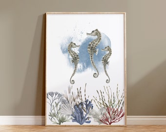 Seahorse Watercolor Poster, Nautical Home Decor, Coastal Wall Decor, Sea Creature Printable, Digital Seahorse Print, Seahorse Watercolor Art
