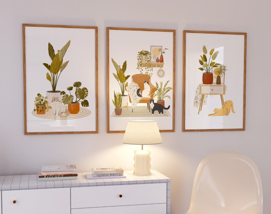 Set of 3 Printable Boho Cats and House Plants Wall Art, Cats and House ...