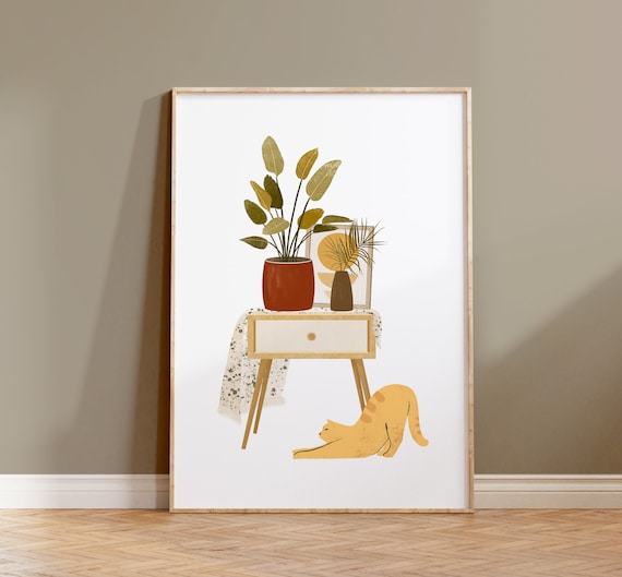 Printable Cat Art, Cat Wall Art, Plant Art, Cat and Plant Illustration, Cat Digital Print, Boho Cat Wall Art, Abstract Cat and Plant Poster