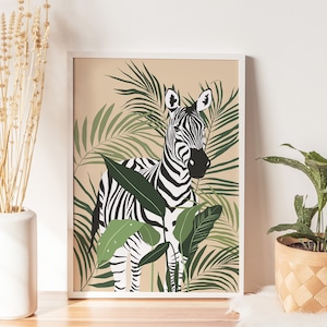 Printable Zebra and Tropical Plants Wall Art, Zebra Artwork, Zebra Art Poster, Safari Wall Art, Zebra Print Download, Animal Portrait Print