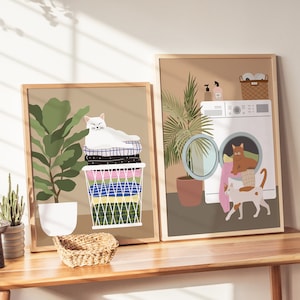 2er-Set Waschküche-Wanddekor, druckbare Wäschekunst, Wäschekatzen-Kunstwerk, Waschküche-Digitaldruck, Hauswirtschaftsraum druckbar,