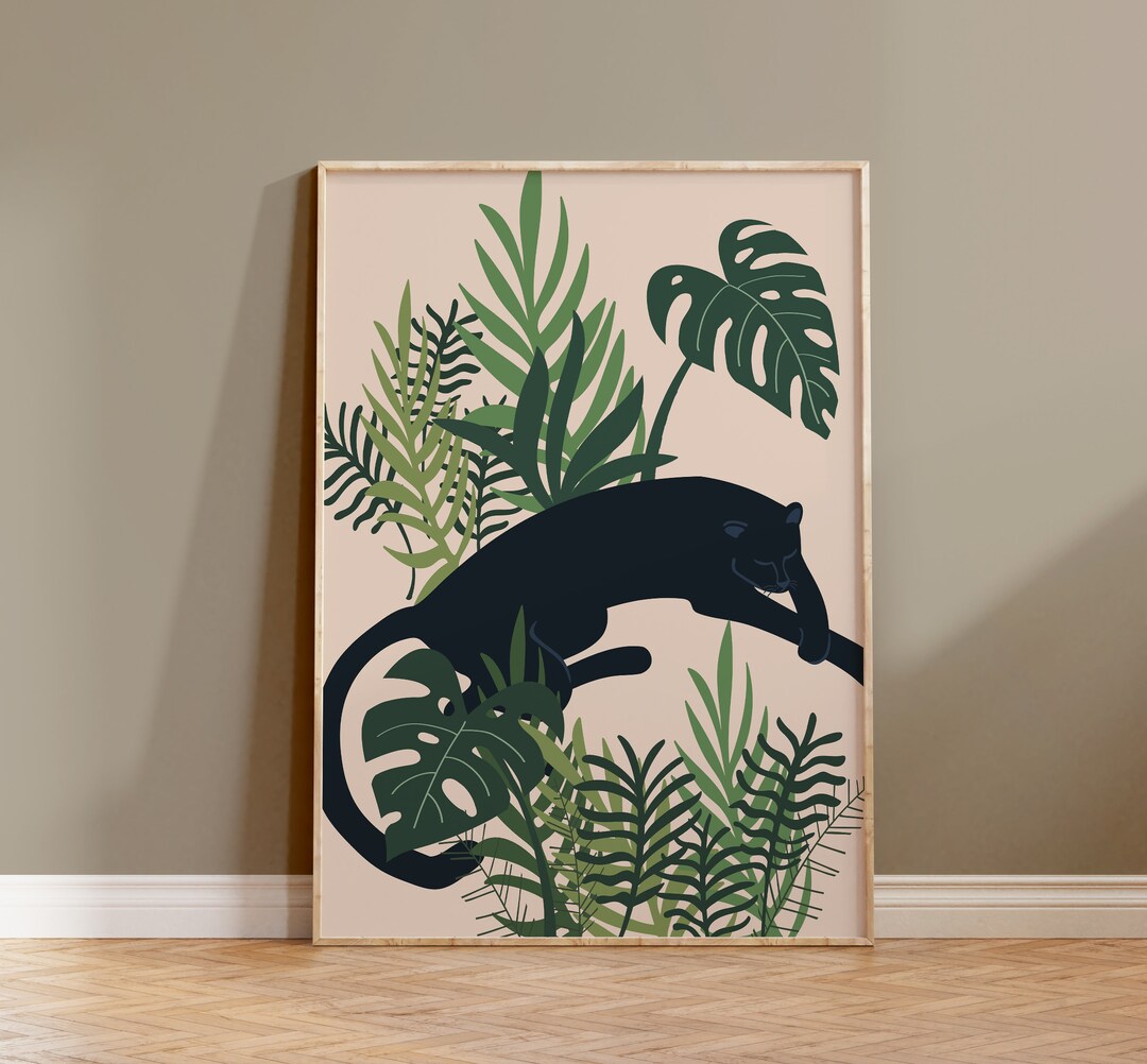 Black Panther Wall Art, Printable Black Panther, Tropical Plant, Wildlife Print, Home Wall Decor