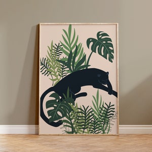 Black Panther Wall Art, Printable Black Panther, Tropical Plant, Wildlife Print, Home Wall Decor, Jaguar, Jungle Wall Art, Sleeping Panther