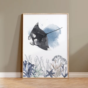 Druckbare Manta Ray Aquarell Wandkunst, Strahlen Poster, Aquarell Illustration, Ocean Species Art, Ocean Sea Themed Room, Manta Ray Print