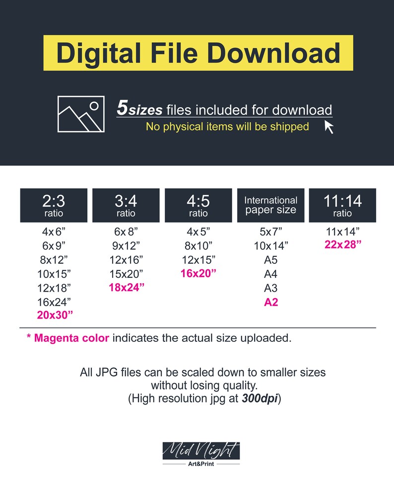 May include: Digital file download graphic with size options. Includes 2:3, 3:4, 4:5, and 11:14 ratios, plus international paper sizes. Sizes range from 4x6 inches to 20x30 inches. Magenta text indicates actual uploaded sizes. High-resolution JPG files.