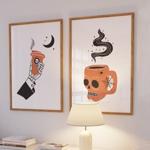 Set of 2 Coffee Wall Art, Skull Hand Coffee, Halloween Home Decor, Skull Wall Art, Halloween Digital Art, Spooky Coffee Print, Coffee Lover image 2