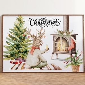Set of 5 Christmas Print, Holiday Gallery Wall Art, Christmas Animal Watercolor, Winter Animal Art, Set of 5 Winter Art, Digital Download image 5