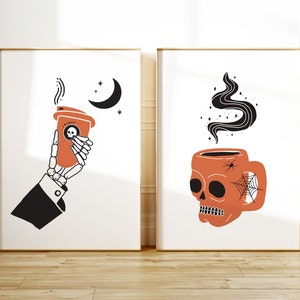 Set of 2 Coffee Wall Art, Skull Hand Coffee, Halloween Home Decor, Skull Wall Art, Halloween Digital Art, Spooky Coffee Print, Coffee Lover image 1
