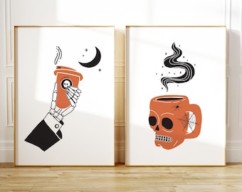 Set of 2 Coffee Wall Art, Skull Hand Coffee Poster, Coffee Digital Download, Skull Cup Art, Halloween Digital Print, Spooky Coffee Printable