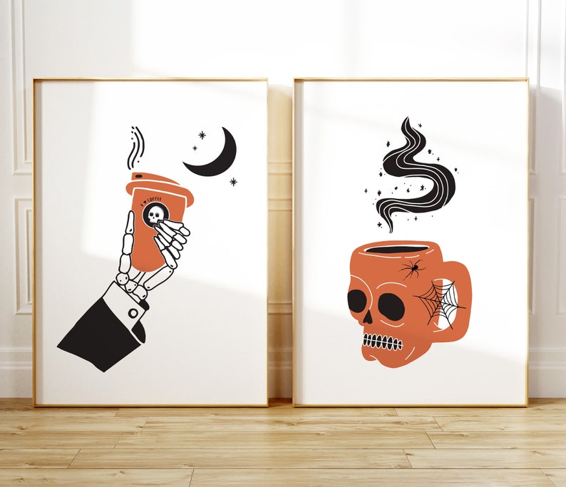 Set of 2 Coffee Wall Art, Skull Hand Coffee, Halloween Home Decor, Skull Wall Art, Halloween Digital Art, Spooky Coffee Print, Coffee Lover image 1