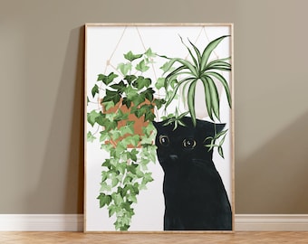 Black Cat Wall Art, Black Cat Plants Artwork, Hanging Plants Poster, Watercolor Cat Print, Cat Lover Art, Cat House Plant, Ivy Plant Art