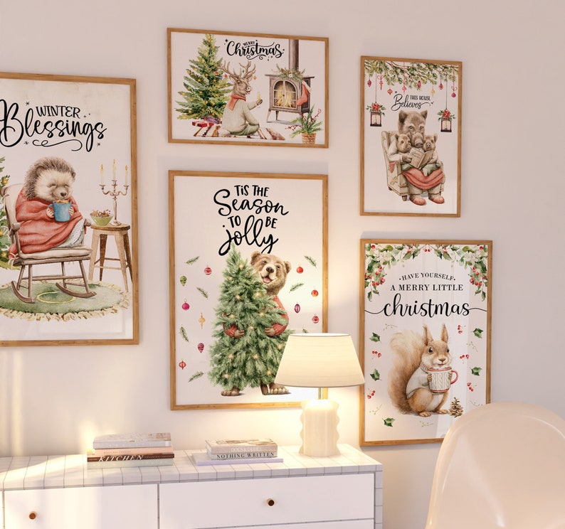 Set of 5 Christmas Print, Holiday Gallery Wall Art, Christmas Animal Watercolor, Winter Animal Art, Set of 5 Winter Art, Digital Download image 1