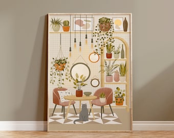 May include: A framed art print depicting an indoor scene with a table, chairs, and a gray cat. The artwork features a shelf with potted plants, hanging plants, and decorative mirrors. The color palette includes shades of brown, green, and orange.