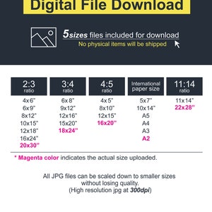 May include: Digital file download graphic with size options. Includes 2:3, 3:4, 4:5, and 11:14 ratios, plus international paper sizes. Sizes range from 4x6 inches to 20x30 inches. Magenta text indicates actual uploaded sizes. High-resolution JPG files.