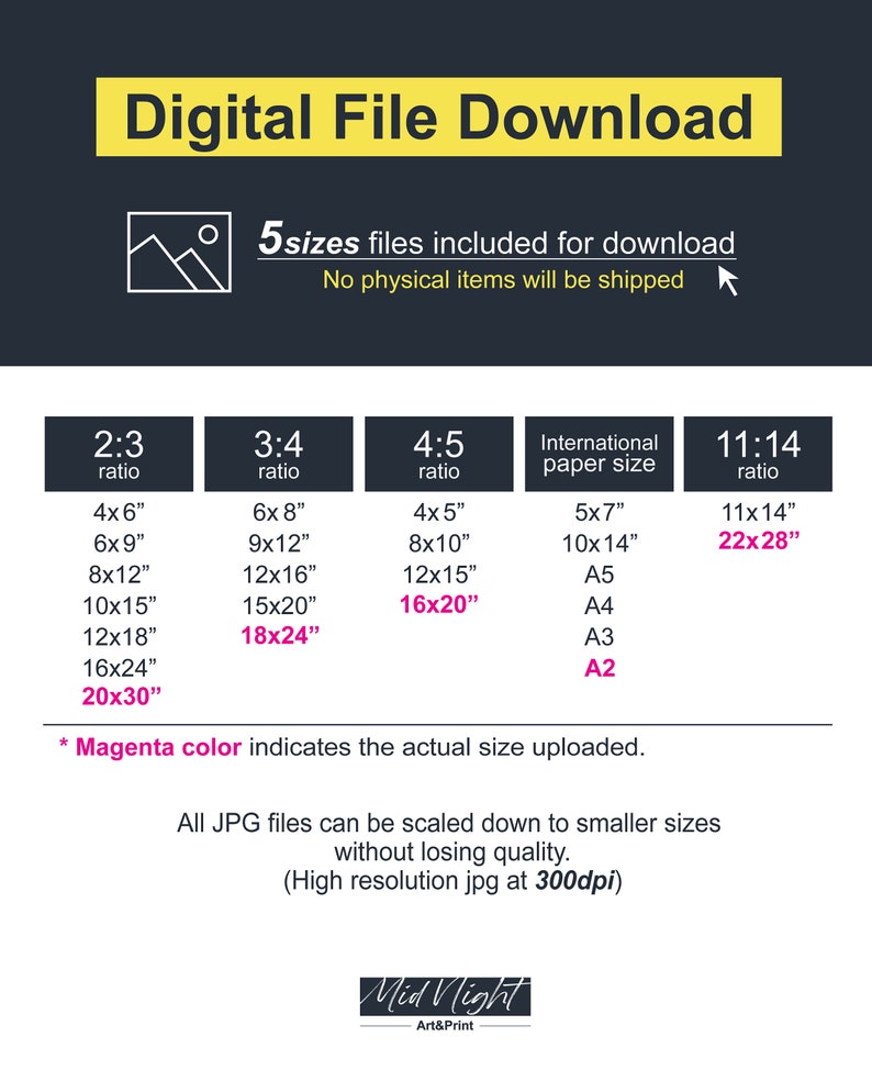 May include: Digital file download graphic with size options. Includes 2:3, 3:4, 4:5, and 11:14 ratios, plus international paper sizes. Sizes range from 4x6 inches to 20x30 inches. Magenta text indicates actual uploaded sizes. High-resolution JPG files.