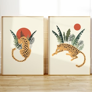 Set of 2 Cheetah Wall Art, Printable Cheetah Art, Boho Leopard Wall Art, Wild Cat Illustration, Boho Jungle Cat Print, Boho Cheetah Poster