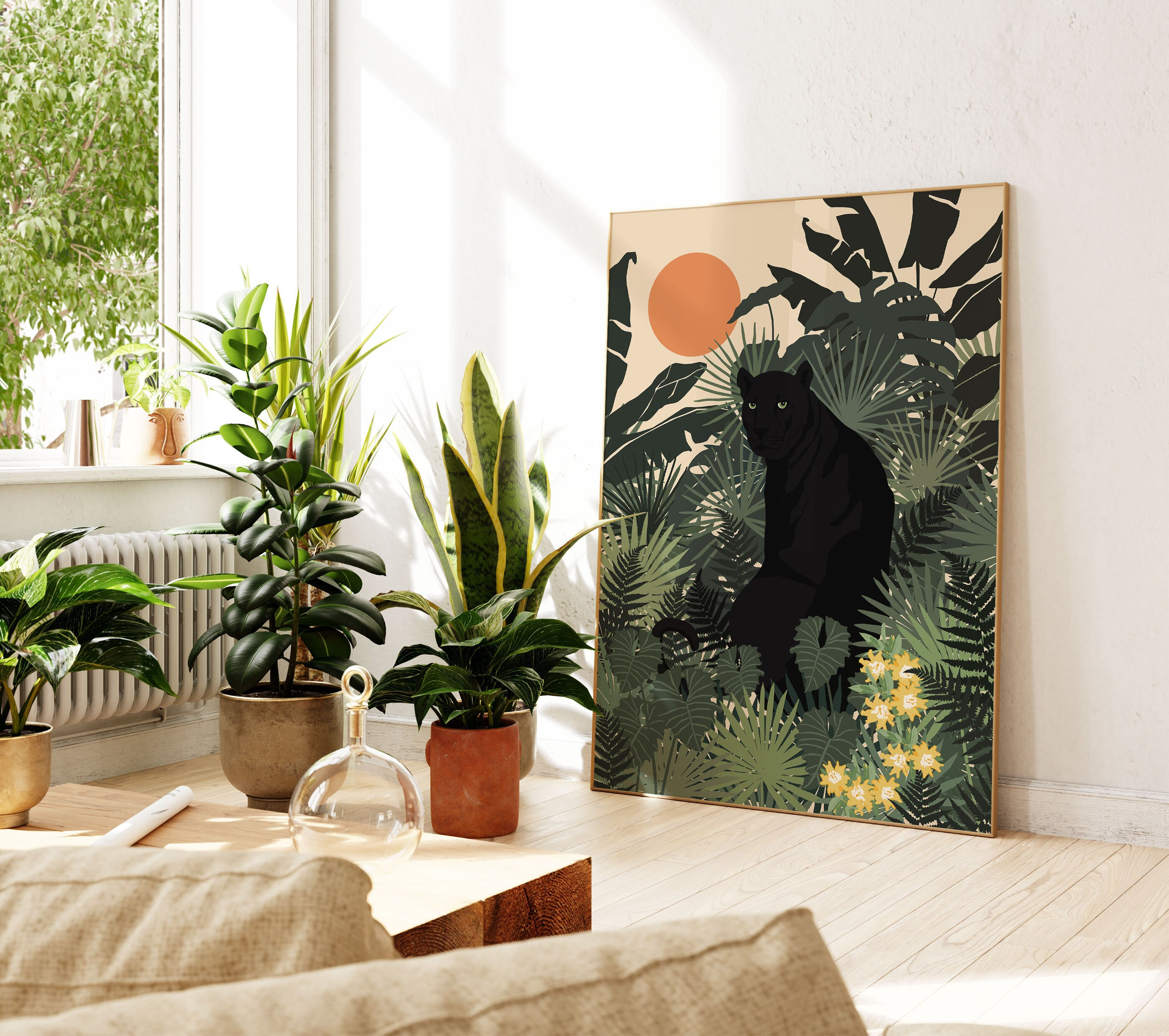 Black Panther Printable, Tropical Plants Print, Jungle Animal Print, Boho Jungle Art, Home Wall Decor, Panther Wall Art, Jungle Sun Poster