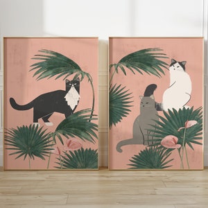 Set of 2 Cats and Tropical Plants Wall Art, Printable Boho Cat Artwork, Cat Home Decor, Abstract Cat Wall Art, Boho Plant and Cat Poster