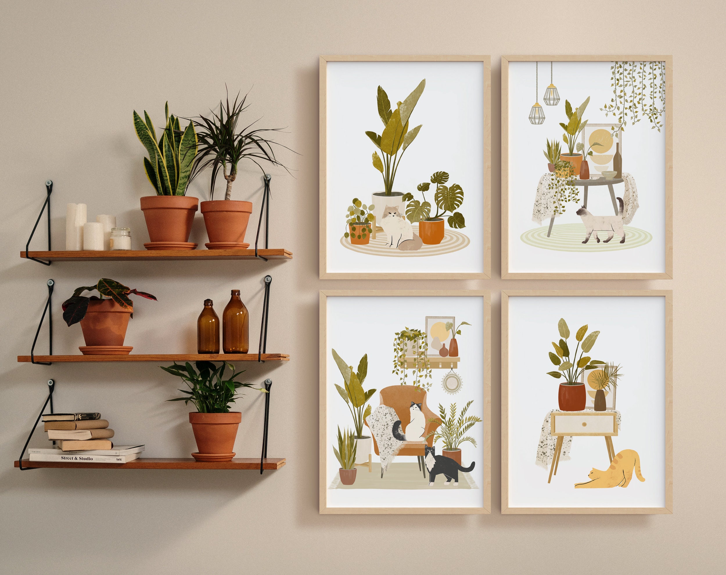Set of 2 Boho Plants With 3cats Wall Art Printable Cat Wall - Etsy