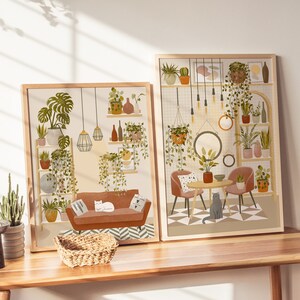 Set of 2 Boho Home Garden with Cats, Grey Cat Art, White Cat Poster, Boho Plants Interior Wall Art, Cat and Plant Poster, House Plant Print