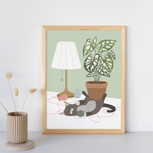 Printable Cat Playing Alone Wall Art, Boho Cat Plant Print, Cat Wall Decor, Cat Digital Print, Cat Artwork, Minimalist Cat Art, Cat Mom Gift