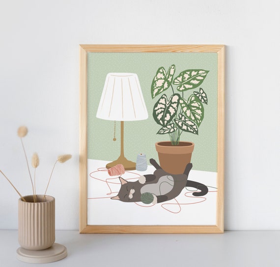 Printable Cat Playing Alone Wall Art, Boho Cat Plant Print, Cat Wall Decor, Cat Digital Print, Cat Artwork, Minimalist Cat Art, Cat Mom Gift