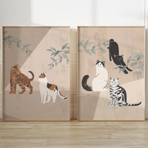 Set of 2 Cat and Plant Prints, Printable Boho Cat Artwork, Cat Home Decor, Abstract Cat Wall Art, Cat Poster, Cat Digital Print, Plant Cat