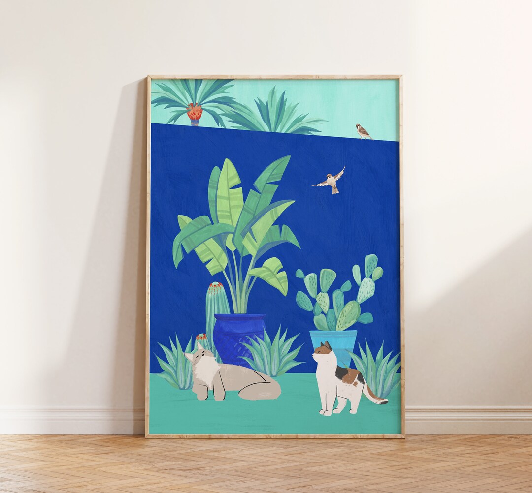 Cat Tropical Plant Art, Cat Wall Decor, Cat and Bird Art, Cat