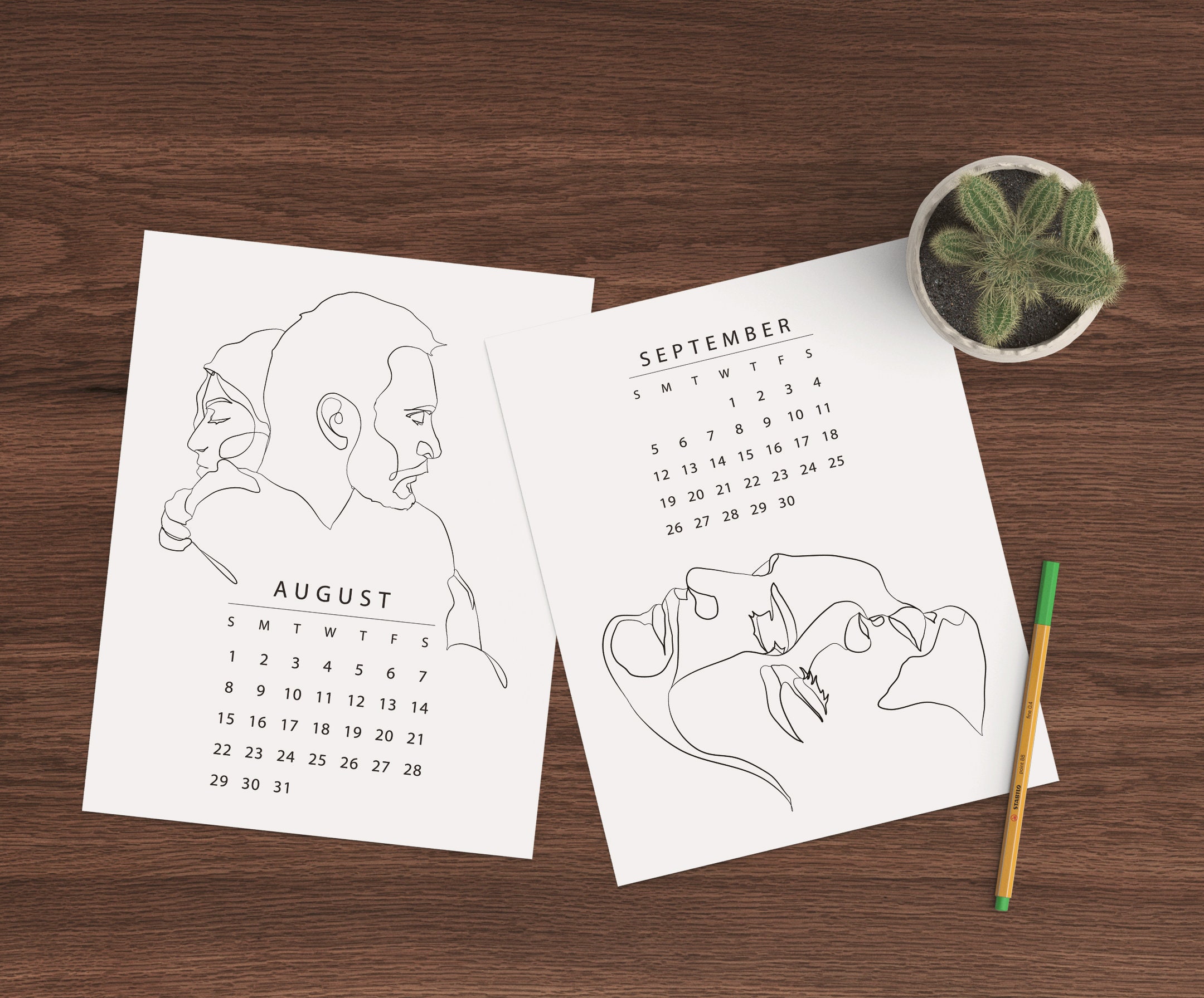 2021 Monthly Calendar Printable 2021 Line Art Calendar Etsy