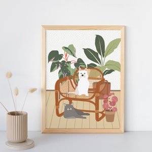 Printable Dog And Cat in Home Art, Dog and Cat Digital Print, Terrier Wall Art, Home Plant Artwork, Dog Cat Plant Art Print, Pet Lover Gift
