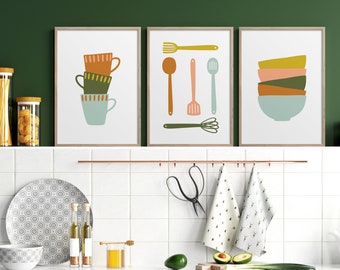 Set of 3 Kitchen Art Prints, Cooking utensils Print, Boho Kitchen Wall Decor, Minimal Kitchen, Dining Room Print, Kitchen Artwork Poster