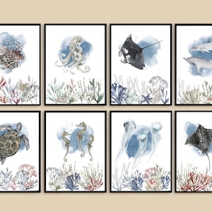 Set Of 8 Ocean Animal, Printable Sea Creature Art, Coastal Decor, Watercolor Sea Life Wall Art, Set of 8 Digital Prints, Sea Animals Art Set