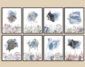 Set Of 8 Ocean Animal, Printable Sea Creature Art, Coastal Decor, Watercolor Sea Life Wall Art, Set of 8 Digital Prints, Sea Animals Art Set