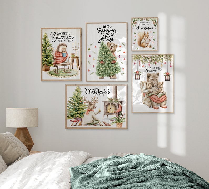 Set of 5 Christmas Print, Holiday Gallery Wall Art, Christmas Animal Watercolor, Winter Animal Art, Set of 5 Winter Art, Digital Download image 8