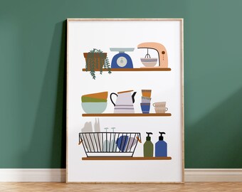 May include: A framed print featuring a kitchen scene with shelves. The top shelf displays a potted plant, a blue scale, and a stand mixer. The middle shelf holds bowls, a pitcher, and cups. The bottom shelf has a dish rack and soap dispensers.