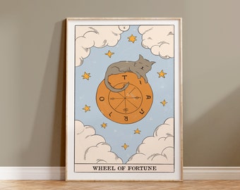 Tarot Wheel Of Fortune Card Print, Cute Cat Poster, Wheel of fortune Quote, Cat Illustration, Gray Cat Artwork, Cat Printable, Fortune Cat