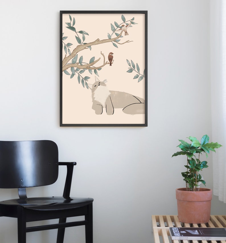 Lazy Cat and Birds Print, Cat Wall Art, Plant Art, Cat and Plant Illustration, Cat Digital Print, Birds Print, Botanical Art, Cat Wall Decor image 8