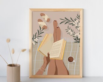 Reading A Book On Vacation Wall Art, Woman Body Poster, Relaxing Illustration, Coffee Artwork, Relaxation Digital Art, Boho Girl Wall Decor