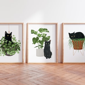 黒猫ウォールアート3点セット、黒猫アートワーク、猫と植物のポスター、水彩猫プリント、黒猫愛好家、猫用観葉植物、植物アート