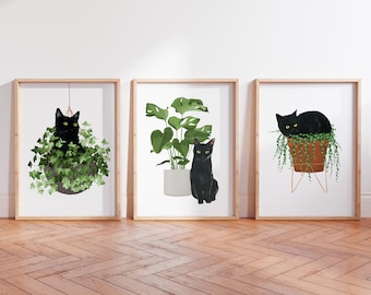 Set of 3 Black Cat Wall Art, Black Cat Artwork, Cat and Plant Poster, Watercolor Cat Print, Black Cat Lover, Cat House Plant, Botanical Art