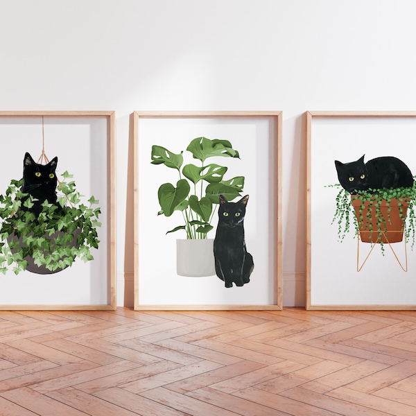 Set of 3 Black Cat Wall Art, Black Cat Artwork, Cat and Plant Poster, Watercolor Cat Print, Black Cat Lover, Cat House Plant, Botanical Art