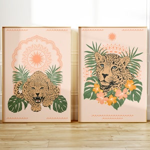 Set of 2 Leopard Digital Prints, Leopard Wall Art, Roaring Leopard Printable, Boho Leopard, Tropical Plants, Floral Leopard, Wild Animal Art
