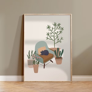 Cat wall Art, Plant Art, Cat Poster, Plant Illustration, Cat Digital Print, Plant Leaf Print, Botanical Art, Plant Poster, Living room Decor