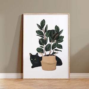 Printable Black Cat Wall Art, Black Cat Artwork, Cat and House Plant Poster, Watercolor Cat Print, Cat Digital Print, Rubber Tree Art Print