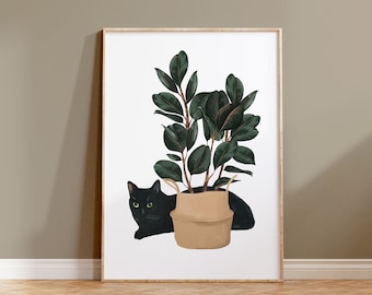 Printable Black Cat Wall Art, Black Cat Artwork, Cat and House Plant Poster, Watercolor Cat Print, Cat Digital Print, Rubber Tree Art Print