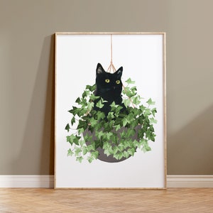 Printable Black Cat Wall Art, Black Cat Artwork, Cat and Plant Poster, Watercolor Cat Print, Cat Lover Art, Cat House Plant, Ivy Plant Art