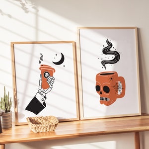 Set of 2 Coffee Wall Art, Skull Hand Coffee, Halloween Home Decor, Skull Wall Art, Halloween Digital Art, Spooky Coffee Print, Coffee Lover image 5