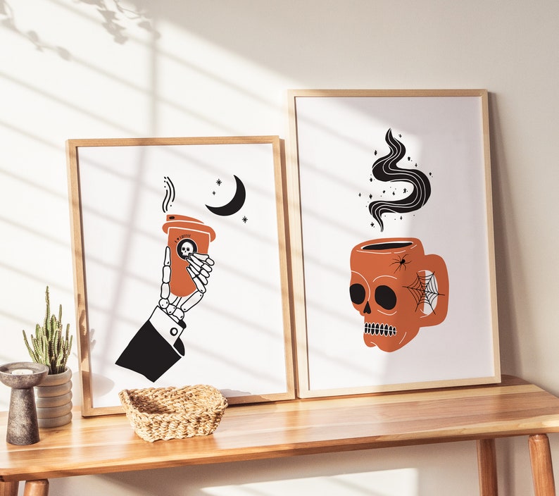 Set of 2 Coffee Wall Art, Skull Hand Coffee, Halloween Home Decor, Skull Wall Art, Halloween Digital Art, Spooky Coffee Print, Coffee Lover image 5