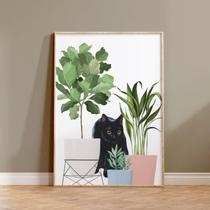 Staring Black Cat Print, Black Cat House Plants Art, Printable Cat, Cat Home Decor, Cat Lover Gift, Watercolor Cat Print, Cat Digital Print