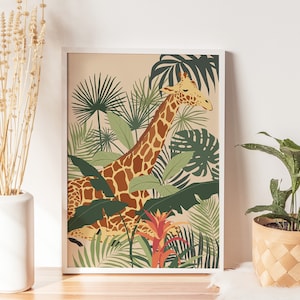 Printable Giraffe And Tropical Plants Wall Art, Wild Tropical Animal Illustration, Jungle Animal Art, Giraffe Artwork, Giraffe Digital Print
